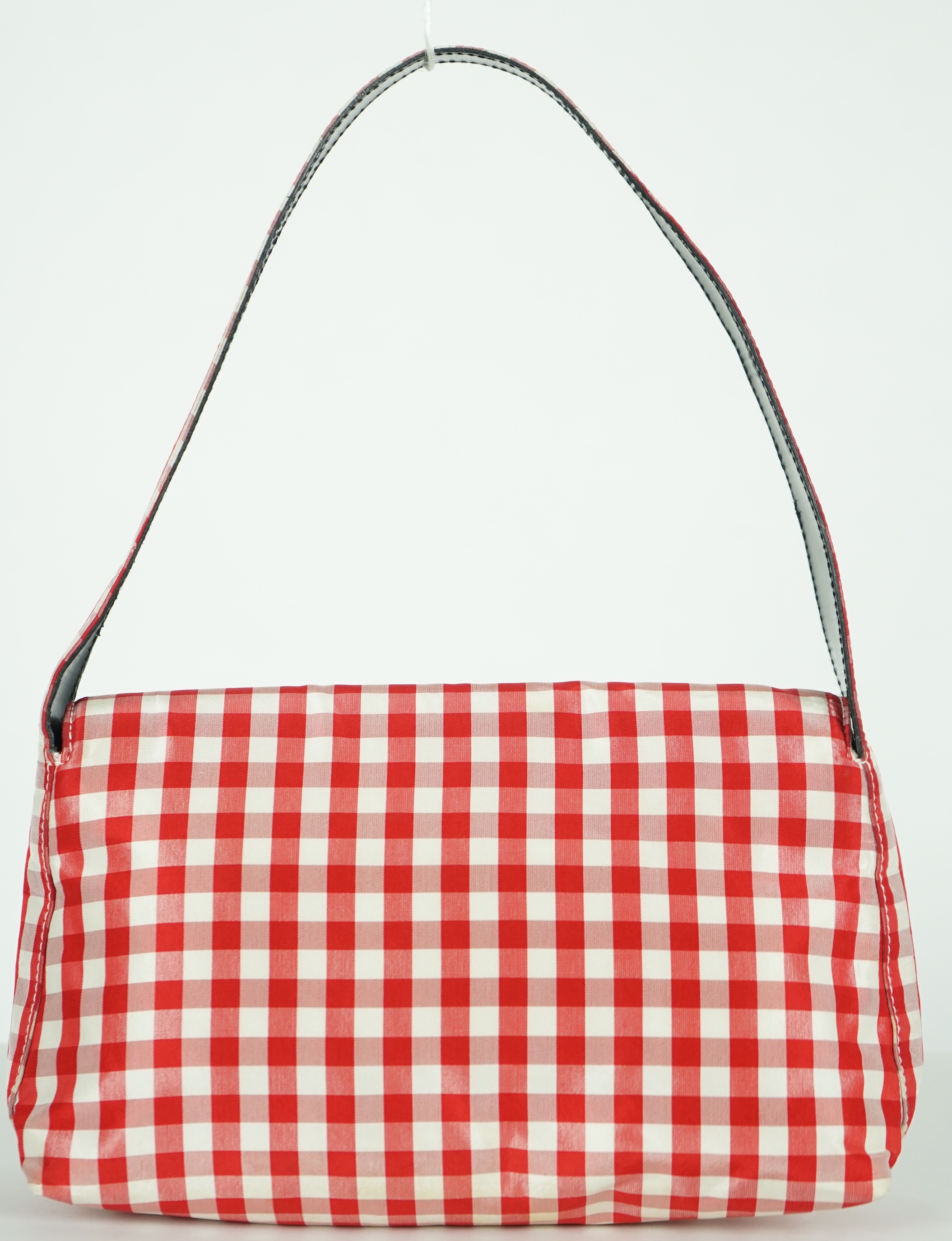 A Ralph Lauren red and white gingham satin evening bag, width 22cm, height 14cm, overall height 30cm, depth 5cm